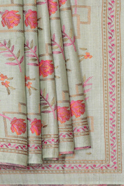 Image of Tussar Silk Light Pista Green Embroidered Saree