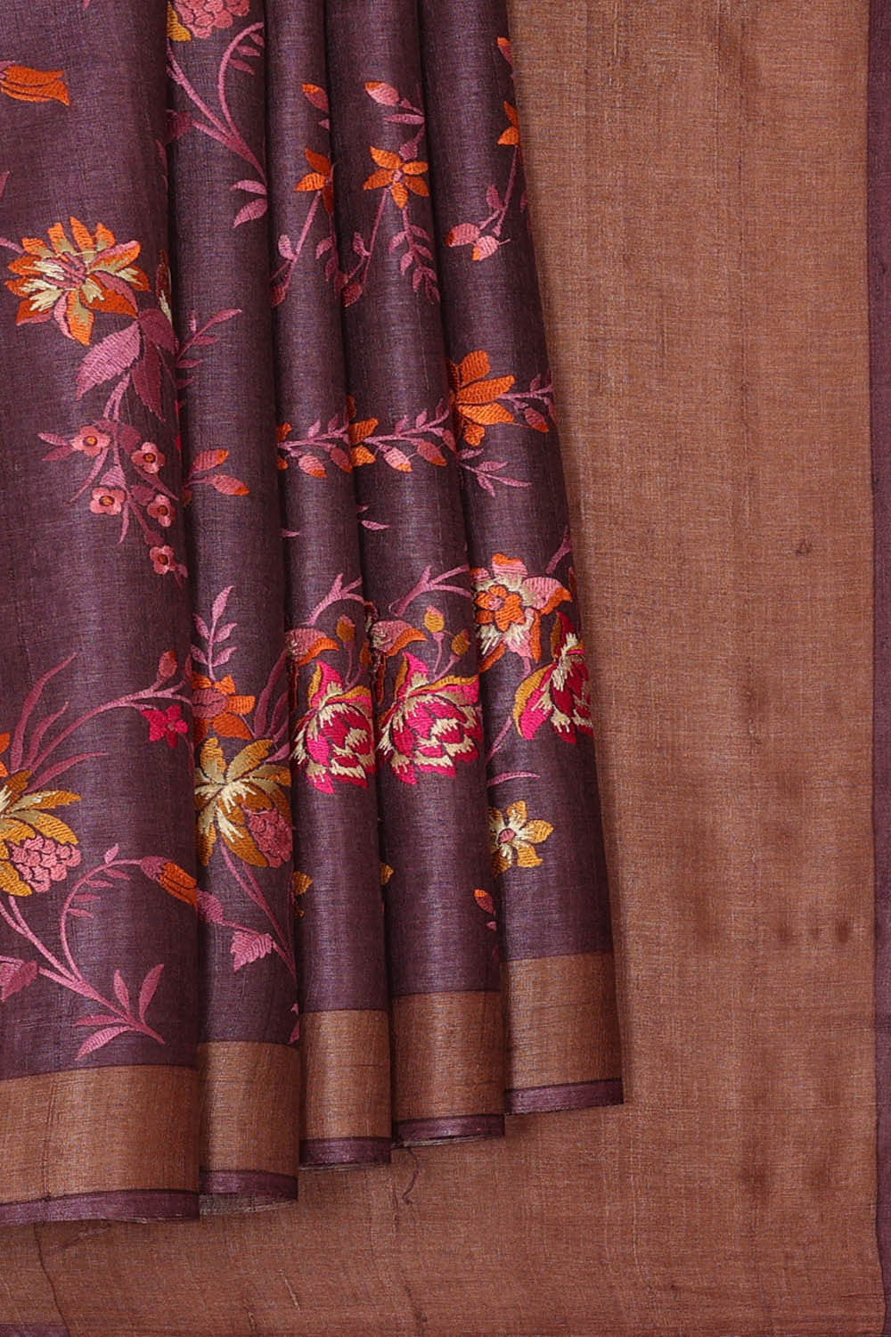Image of Tussar Silk Deep Wine Embroidered Saree