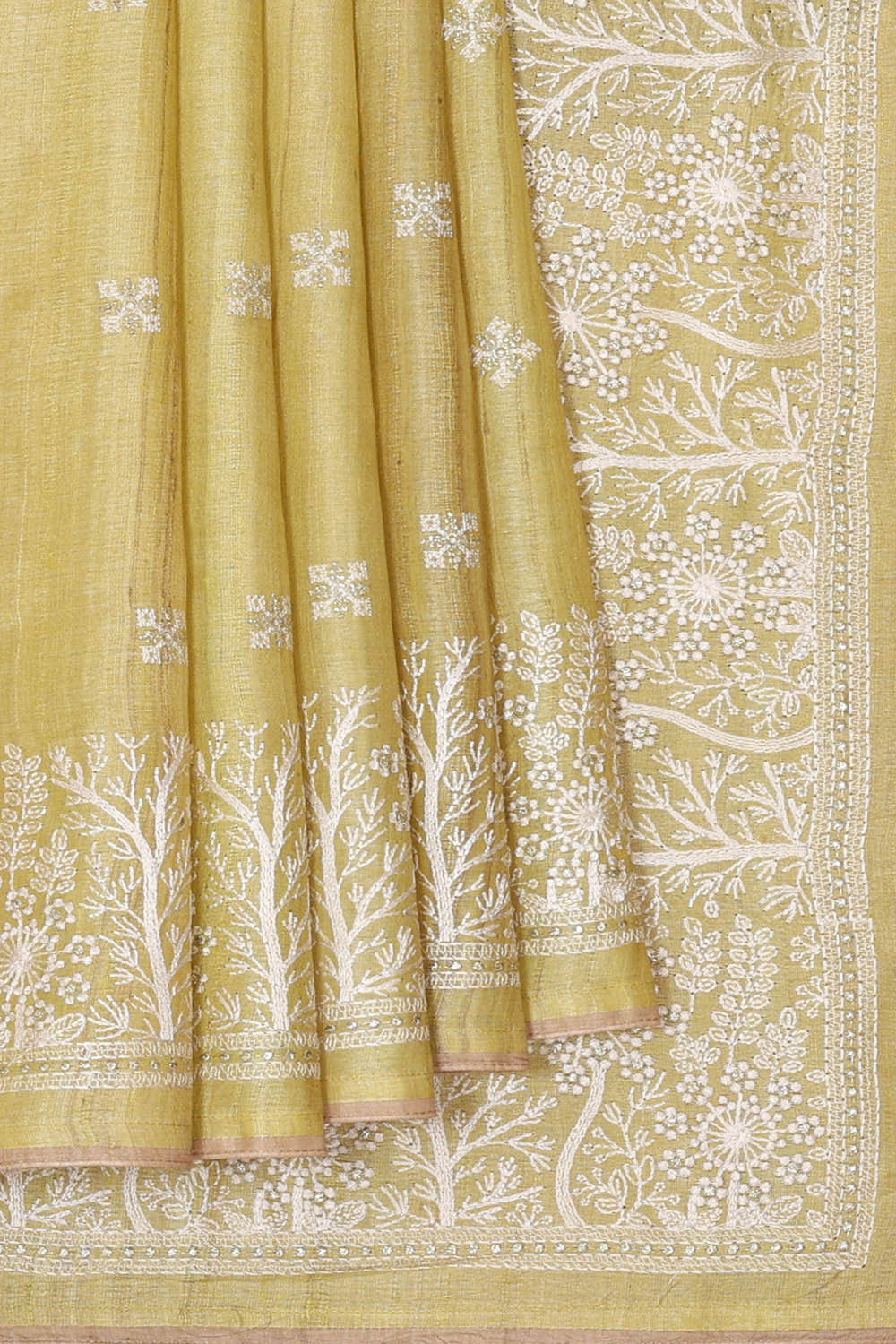Image of Tussar Silk Yellow Embroidered Saree