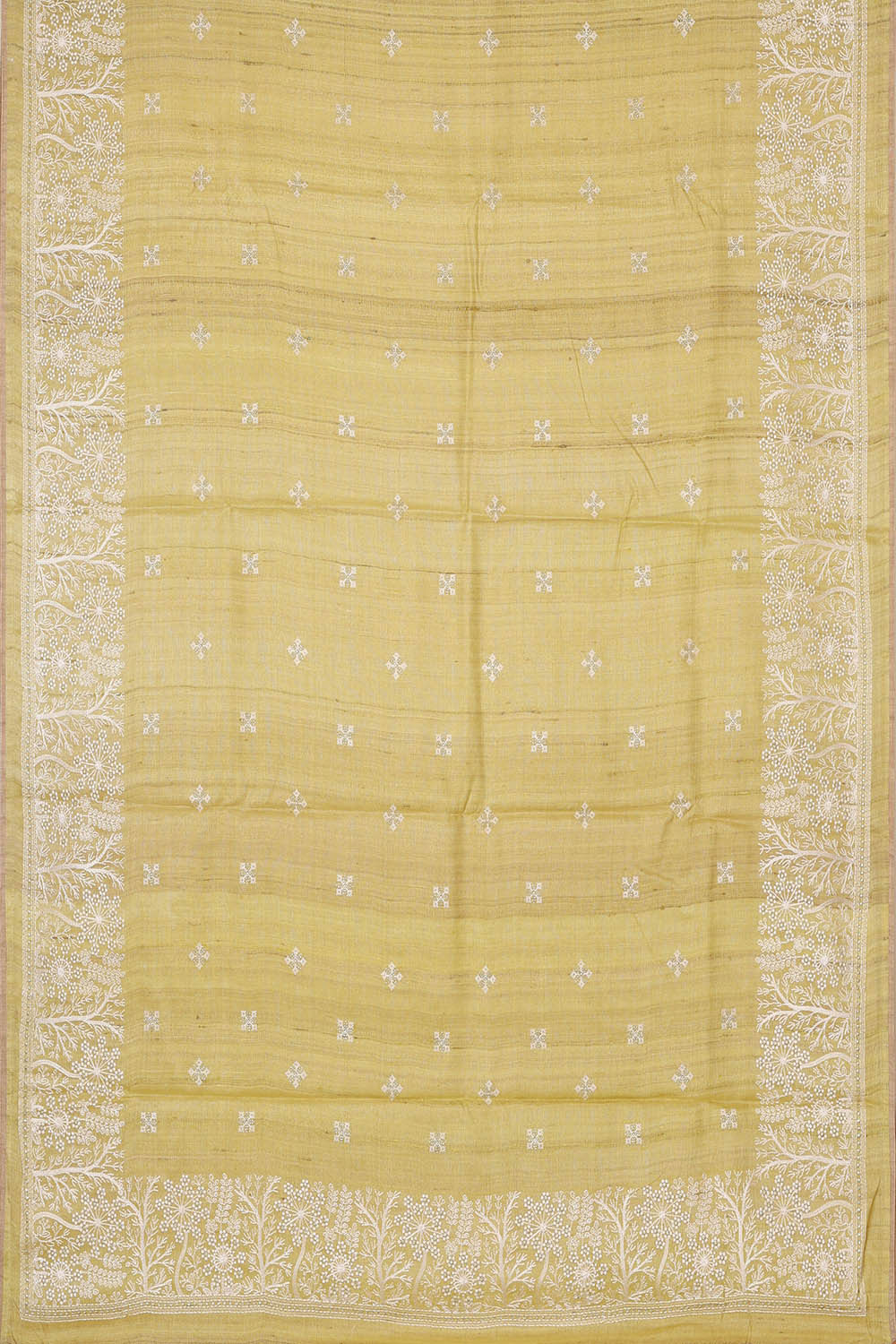 Image of Tussar Silk Yellow Embroidered Saree