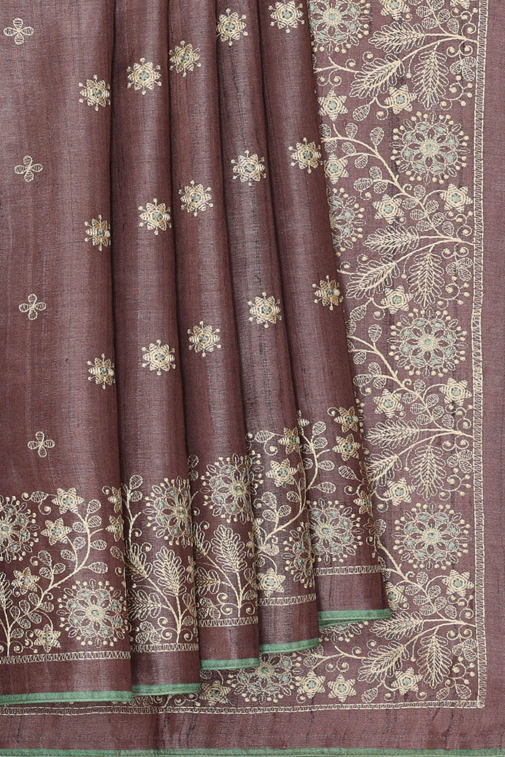 Tussar Silk Brown Embroidered Saree
