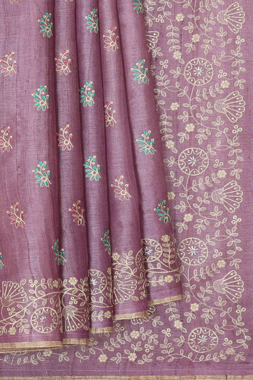 Image of Tussar Silk Lavender Embroidered Saree
