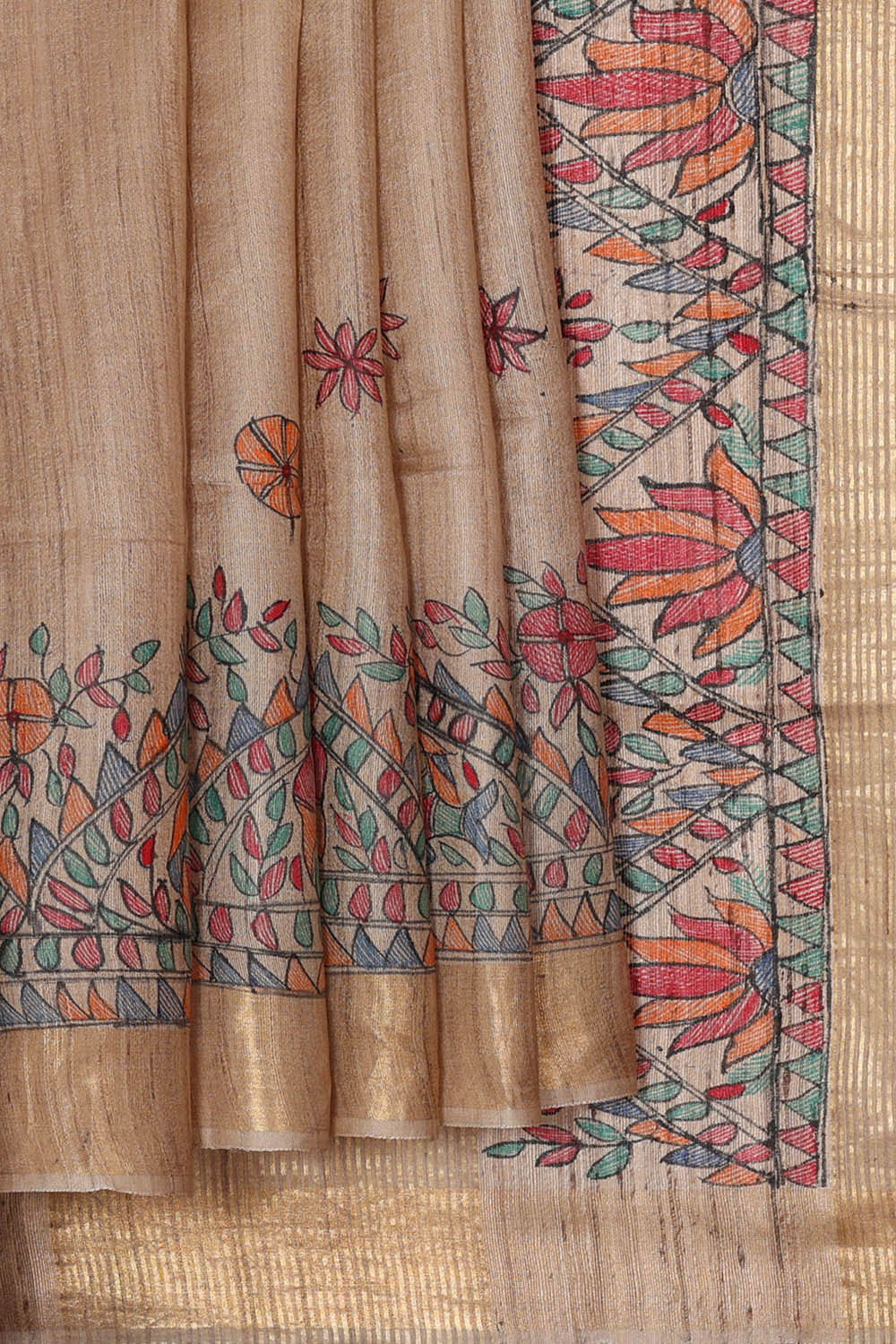 Printed Tussar Dark Cream Saree