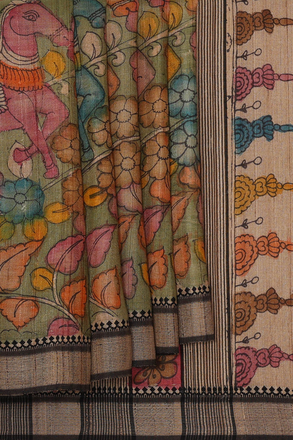 Image of Printed Tussar Kalamkari Pista Green Saree