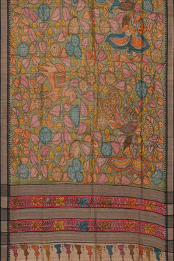 Image of Printed Tussar Kalamkari Pista Green Saree