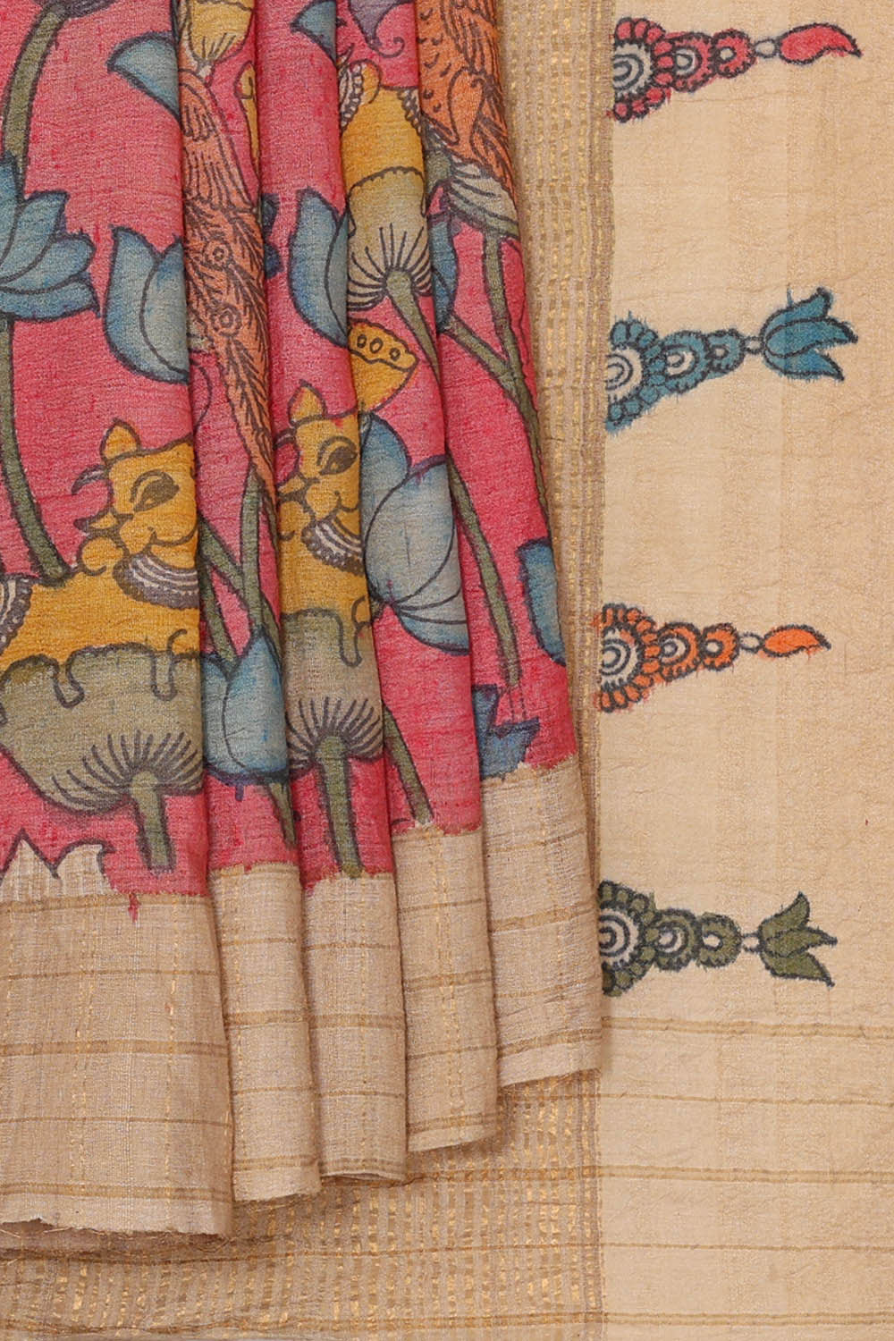 Image of Printed Tussar Kalamkari Pink Saree