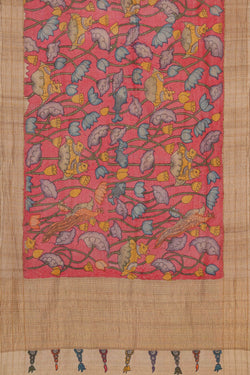 Image of Printed Tussar Kalamkari Pink Saree