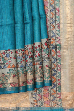 Image of Printed Tussar Ocean Blue Saree