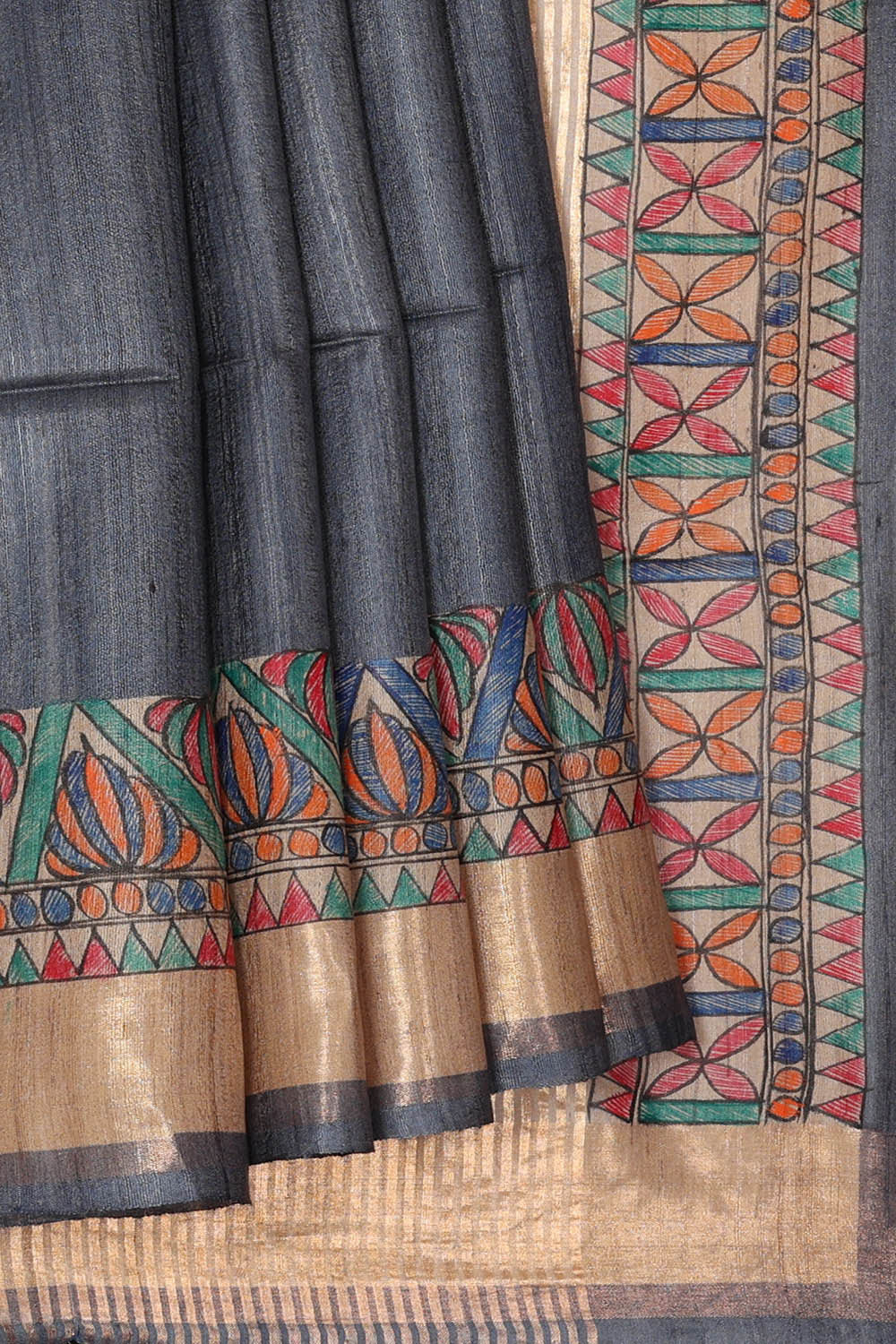 Image of Printed Tussar Dark Grey Saree