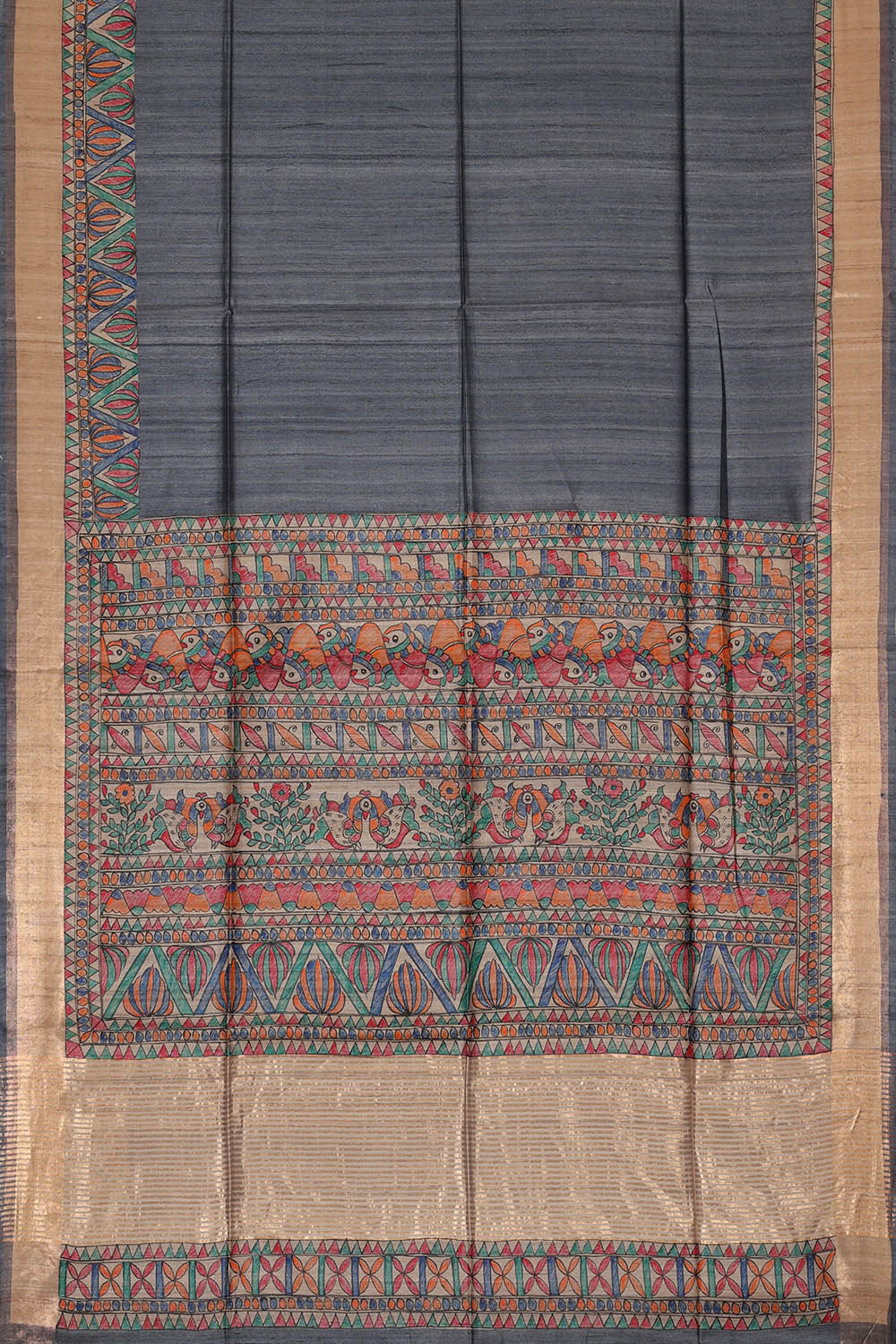 Printed Tussar Dark Grey Saree