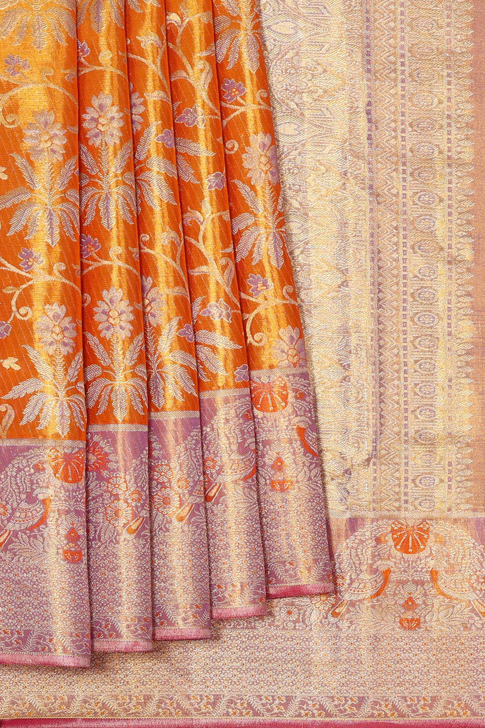 Kanchipattu Mustard Orange Tissue Brocade Saree