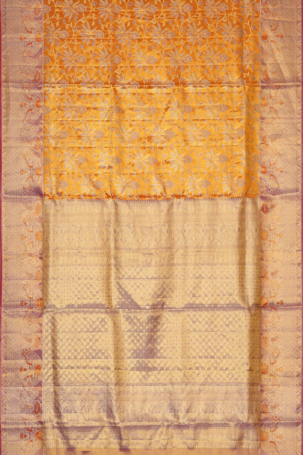 Kanchipattu Mustard Orange Tissue Brocade Saree