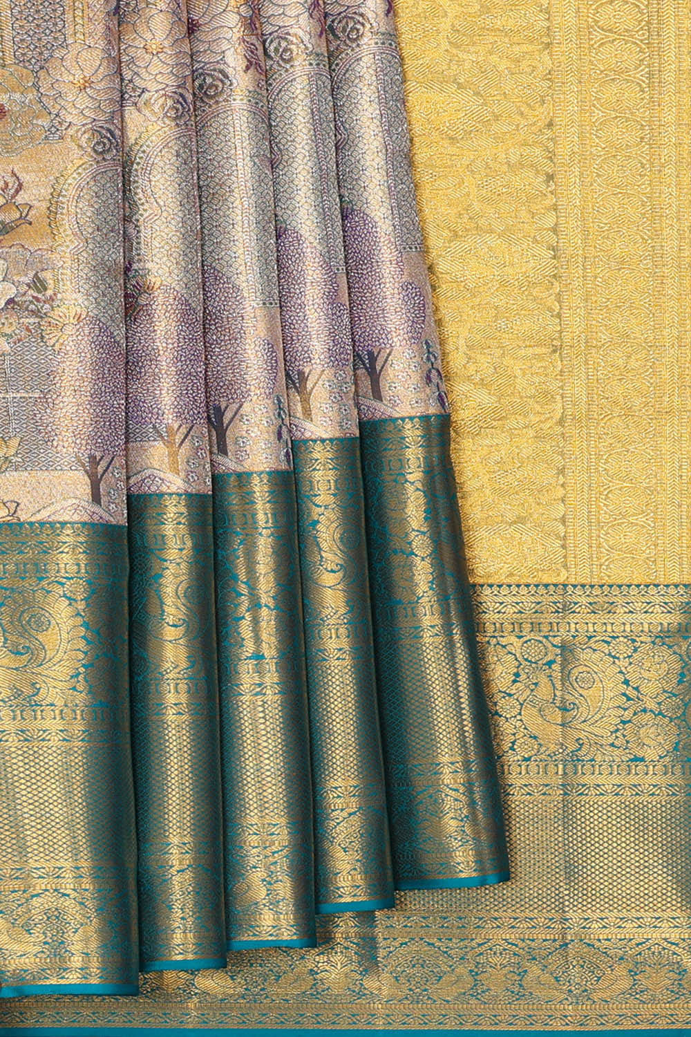 Image of Kanchipattu Golden Blue Tissue Brocade Saree