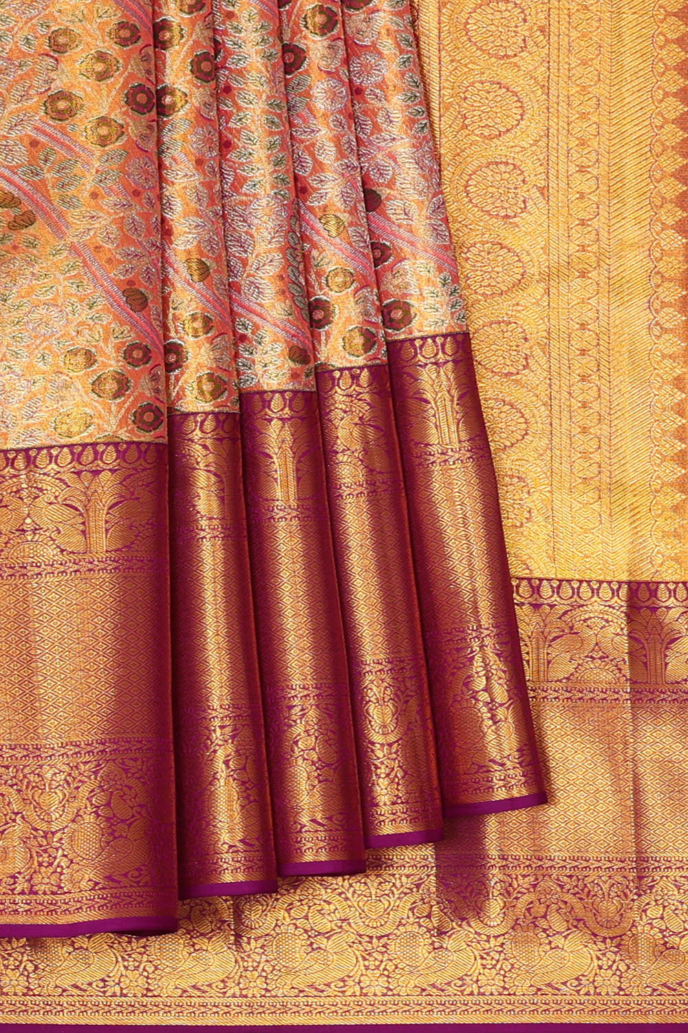 Kanchipattu Golden Peach Tissue Brocade Saree