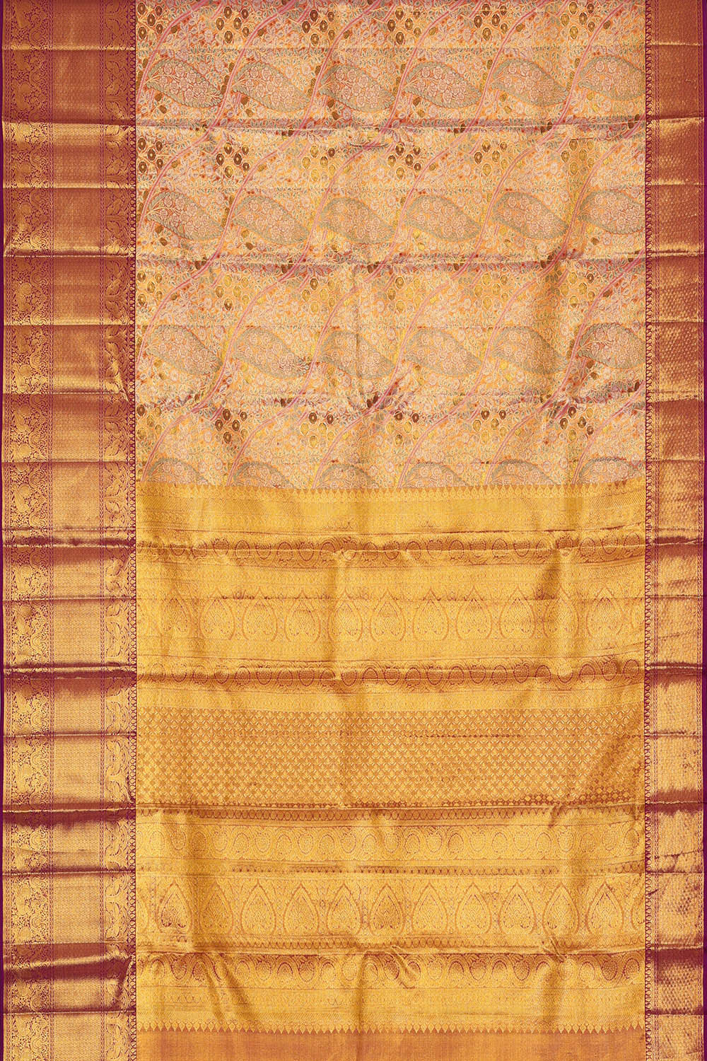 Kanchipattu Golden Peach Tissue Brocade Saree