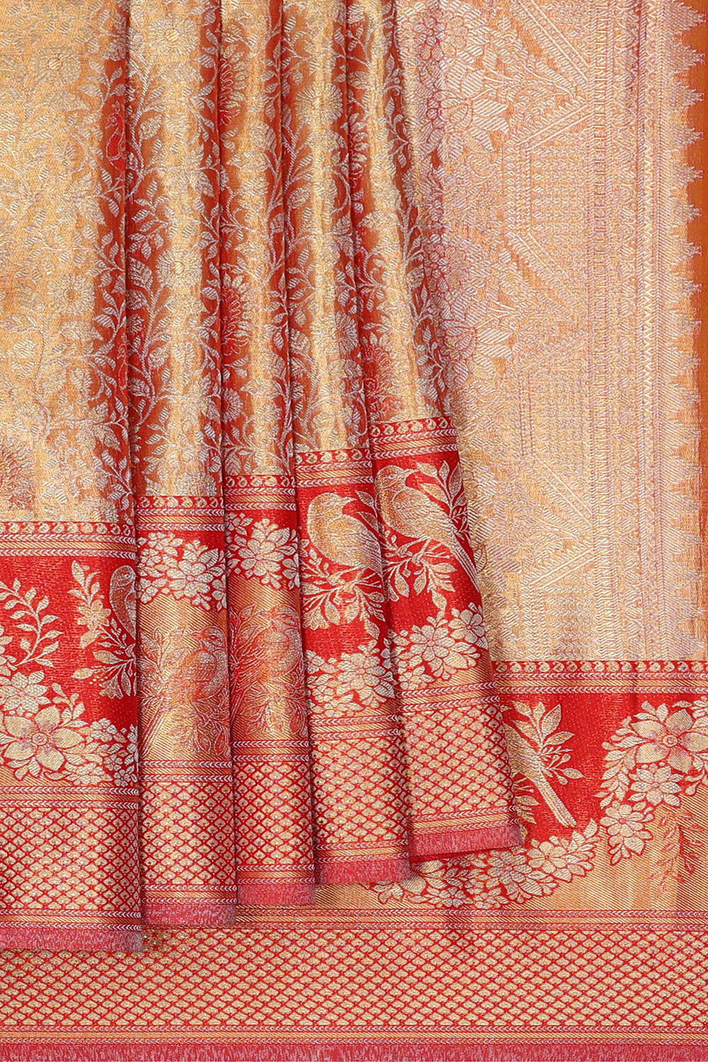 Kanchipattu Golden Red Tissue Brocade Saree