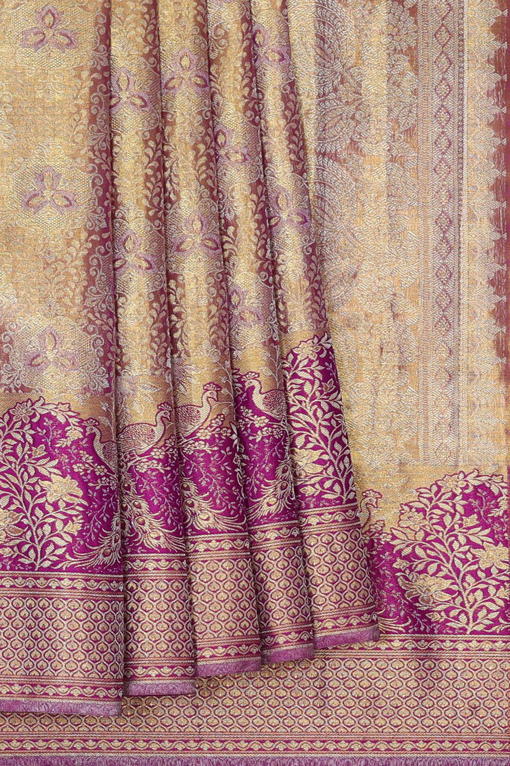 Kanchipattu Golden Magenta Purple Tissue Brocade Saree