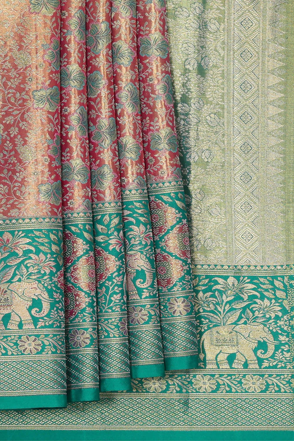 Kanchipattu Golden Pink Tissue Brocade Saree