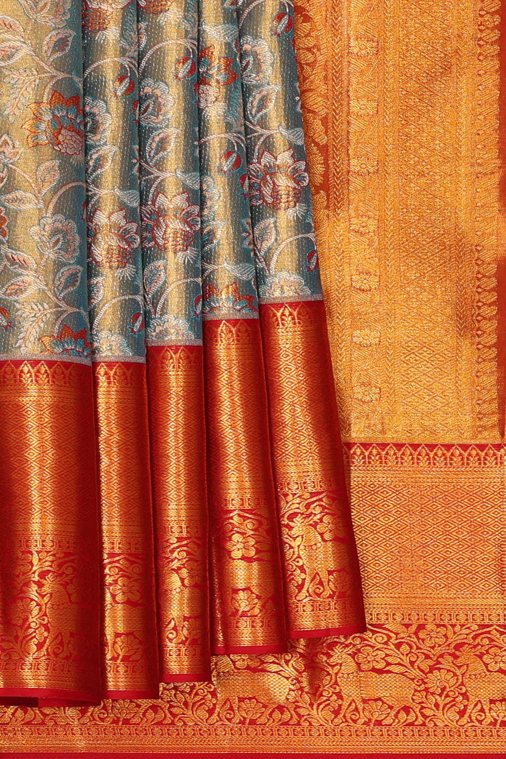 Kanchipattu Golden Blue Tissue Brocade Saree