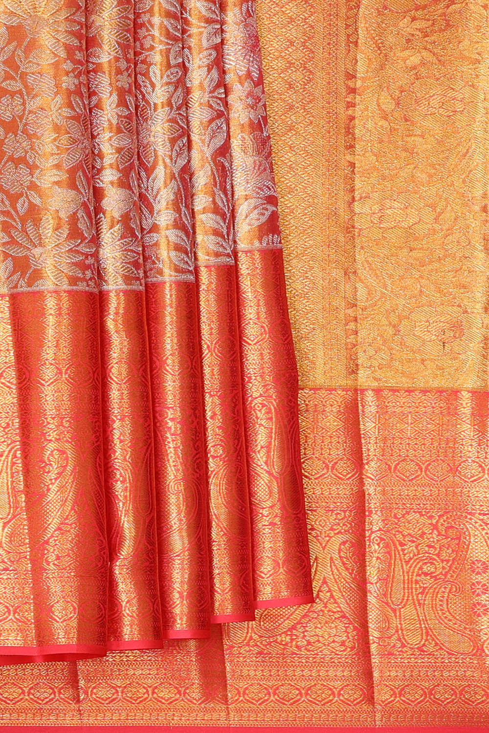 Kanchipattu Golden Peach Tissue Brocade Saree