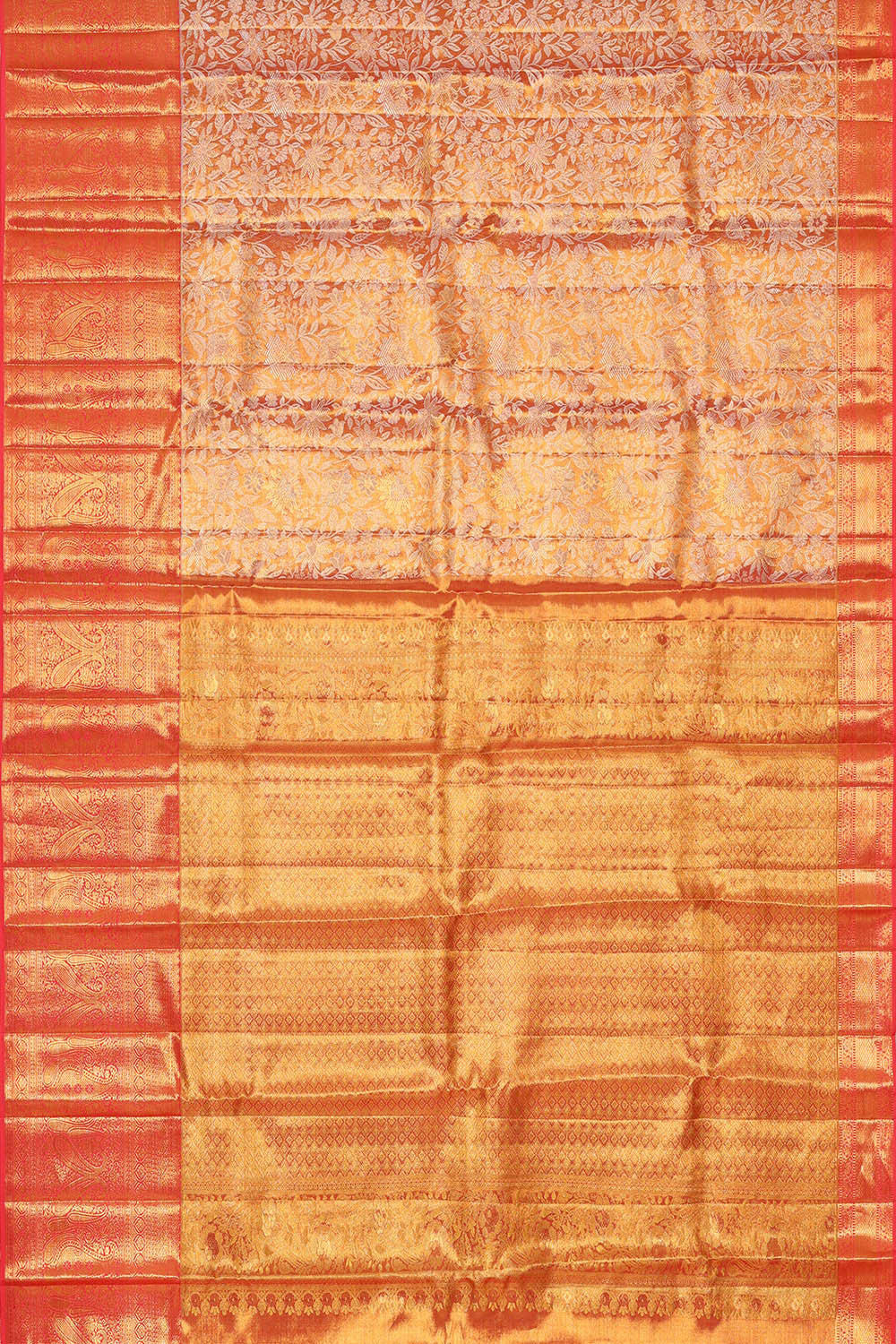 Kanchipattu Golden Peach Tissue Brocade Saree
