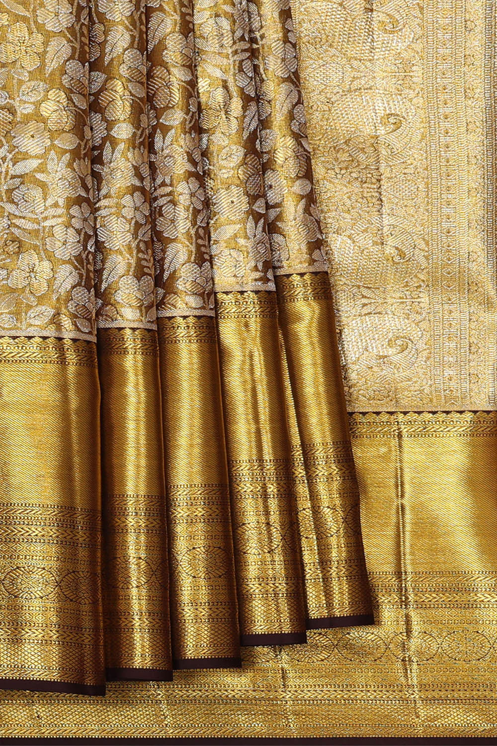 Image of Kanchipattu Golden Dark Brown Tissue Brocade Saree