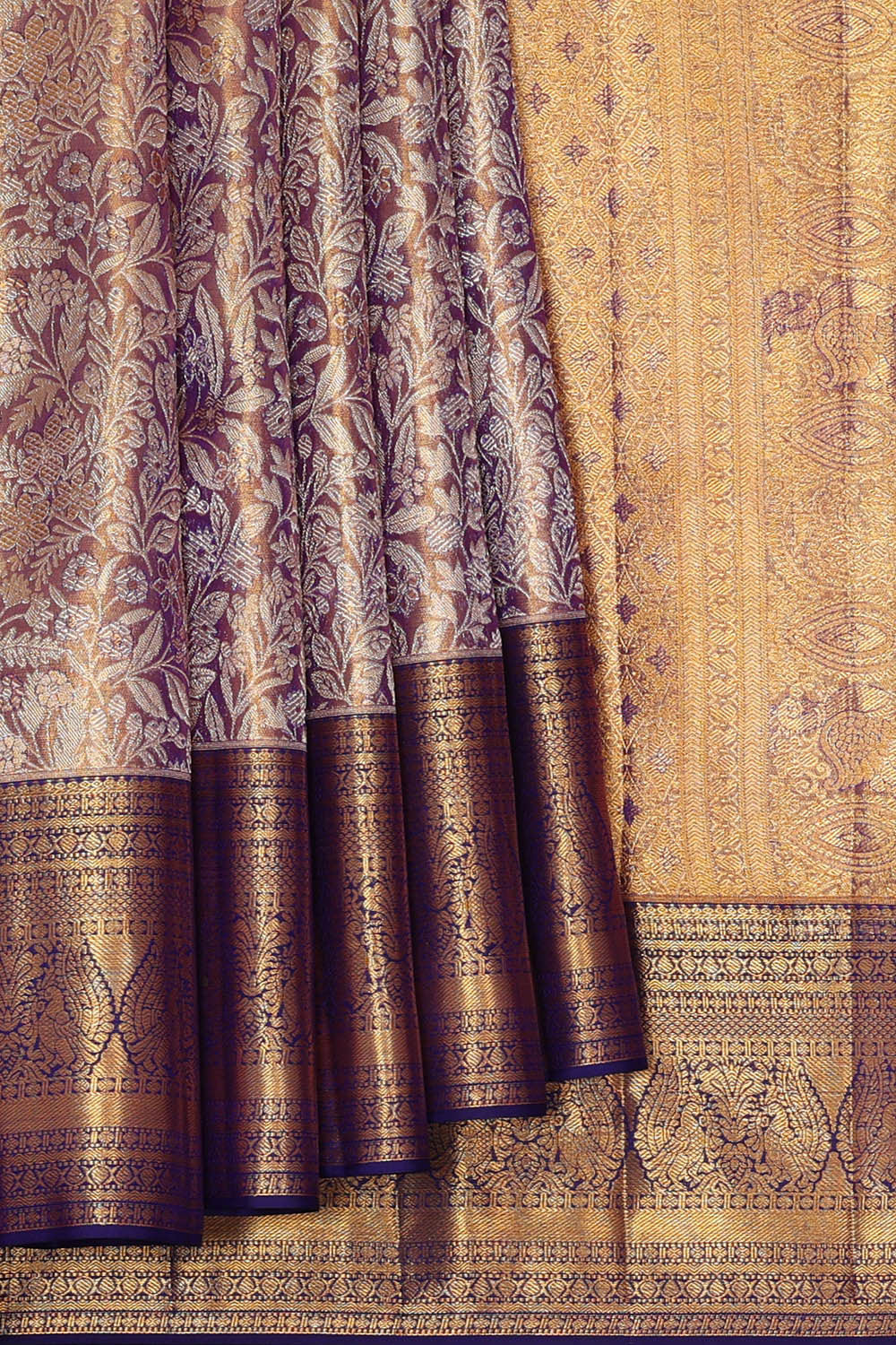 Kanchipattu Golden Violet Blue Tissue Brocade Saree