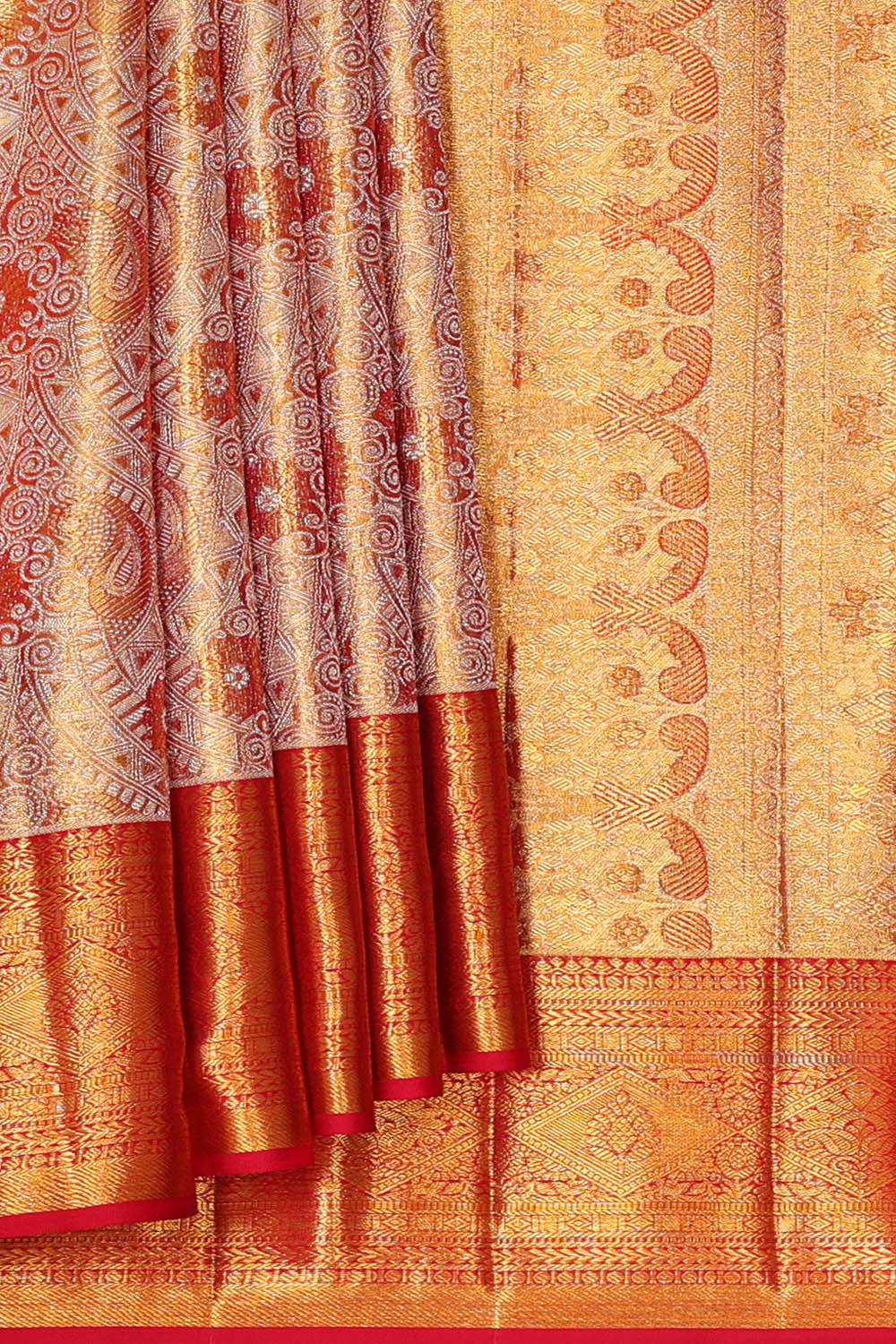 Kanchipattu Golden Red Tissue Brocade Saree