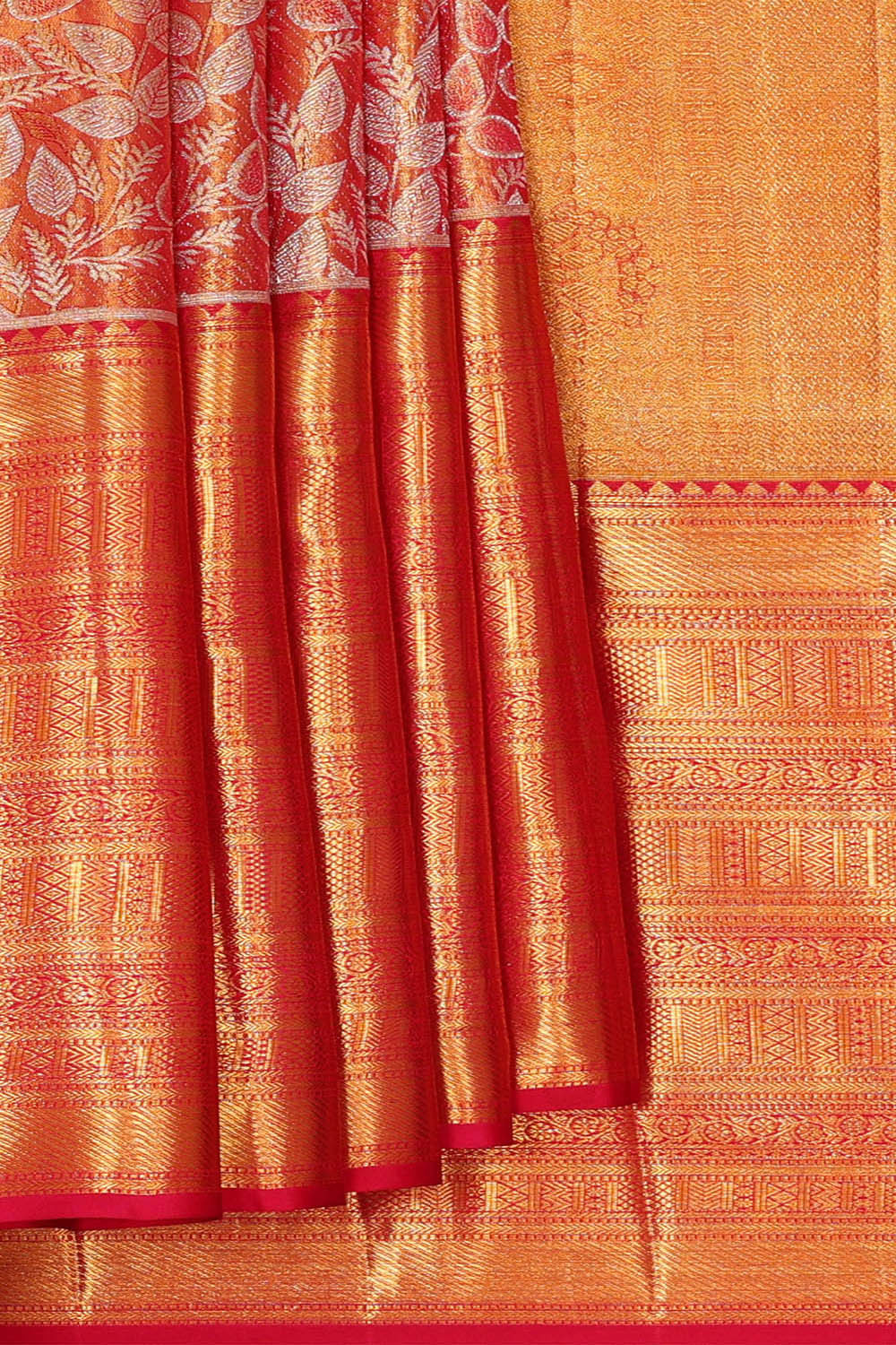 Image of Kanchipattu Golden Pinkish Red Tissue Brocade Saree