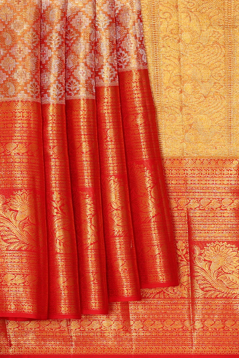 Image of Kanchipattu Golden Red Tissue Brocade Saree