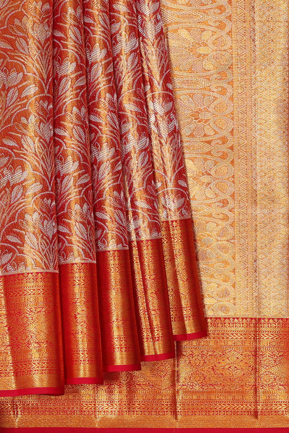 Kanchipattu Golden Red Tissue Brocade Saree
