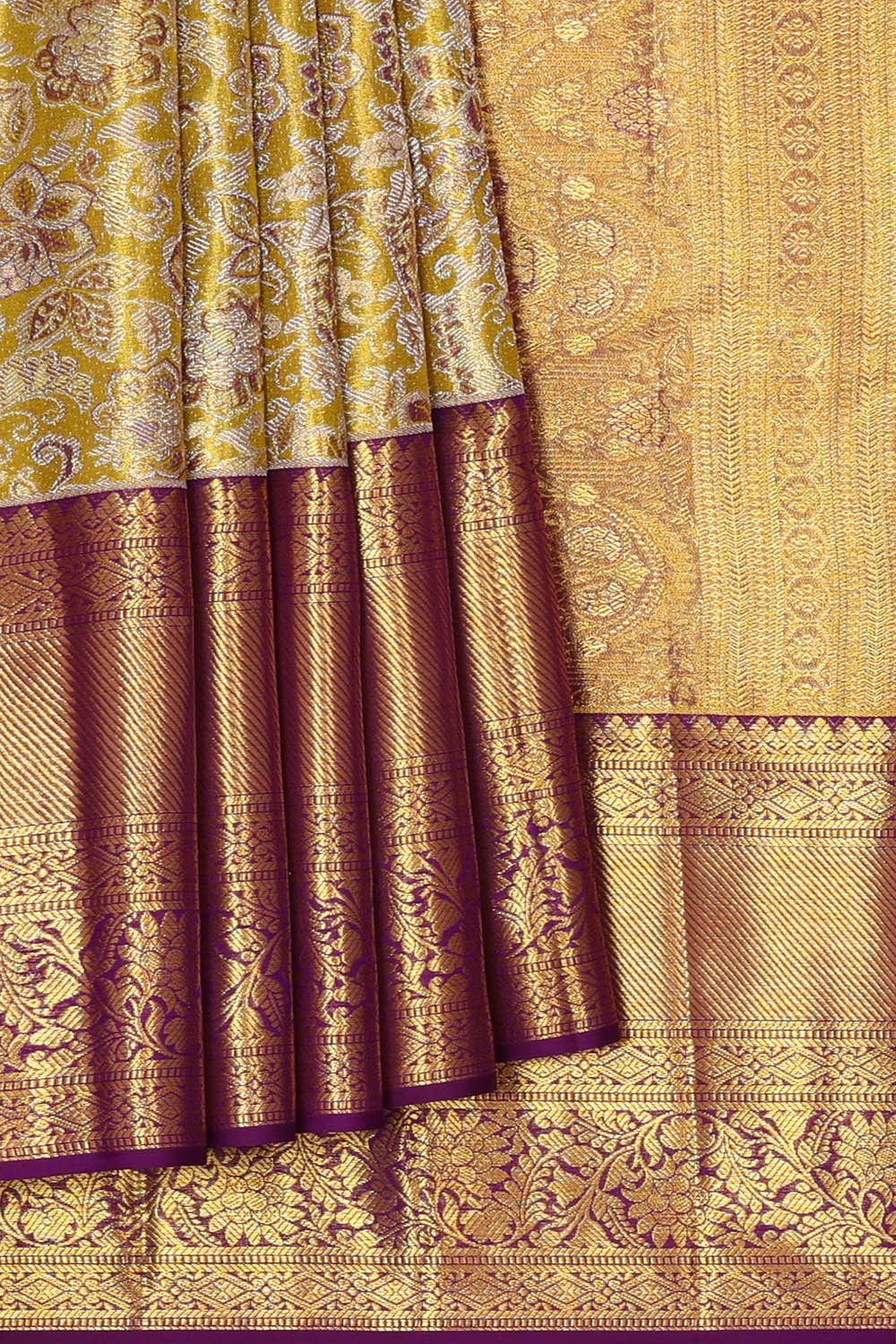 Kanchipattu Greenish Yellow Tissue Brocade Saree