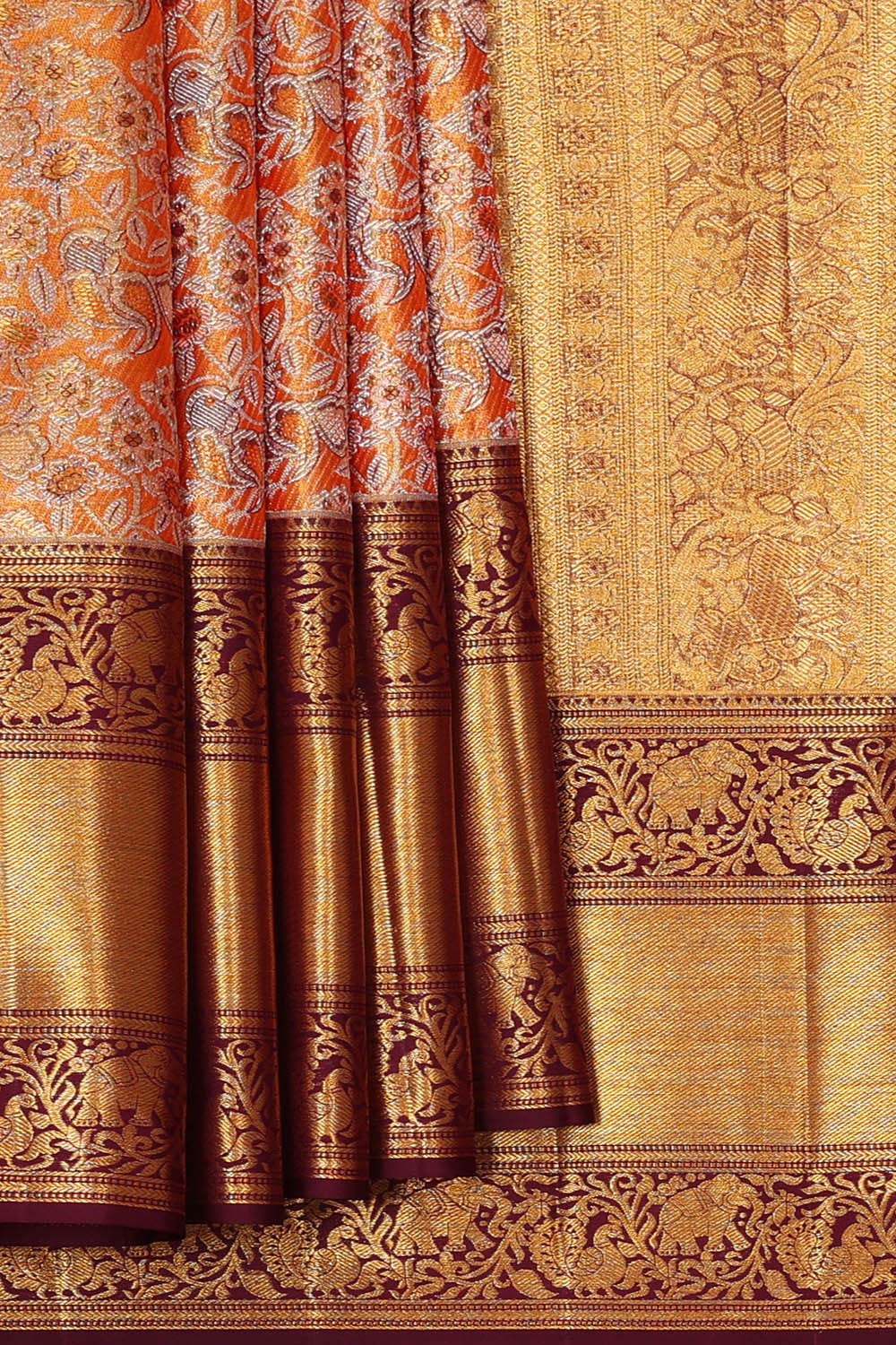Kanchipattu Orange Tissue Brocade Saree