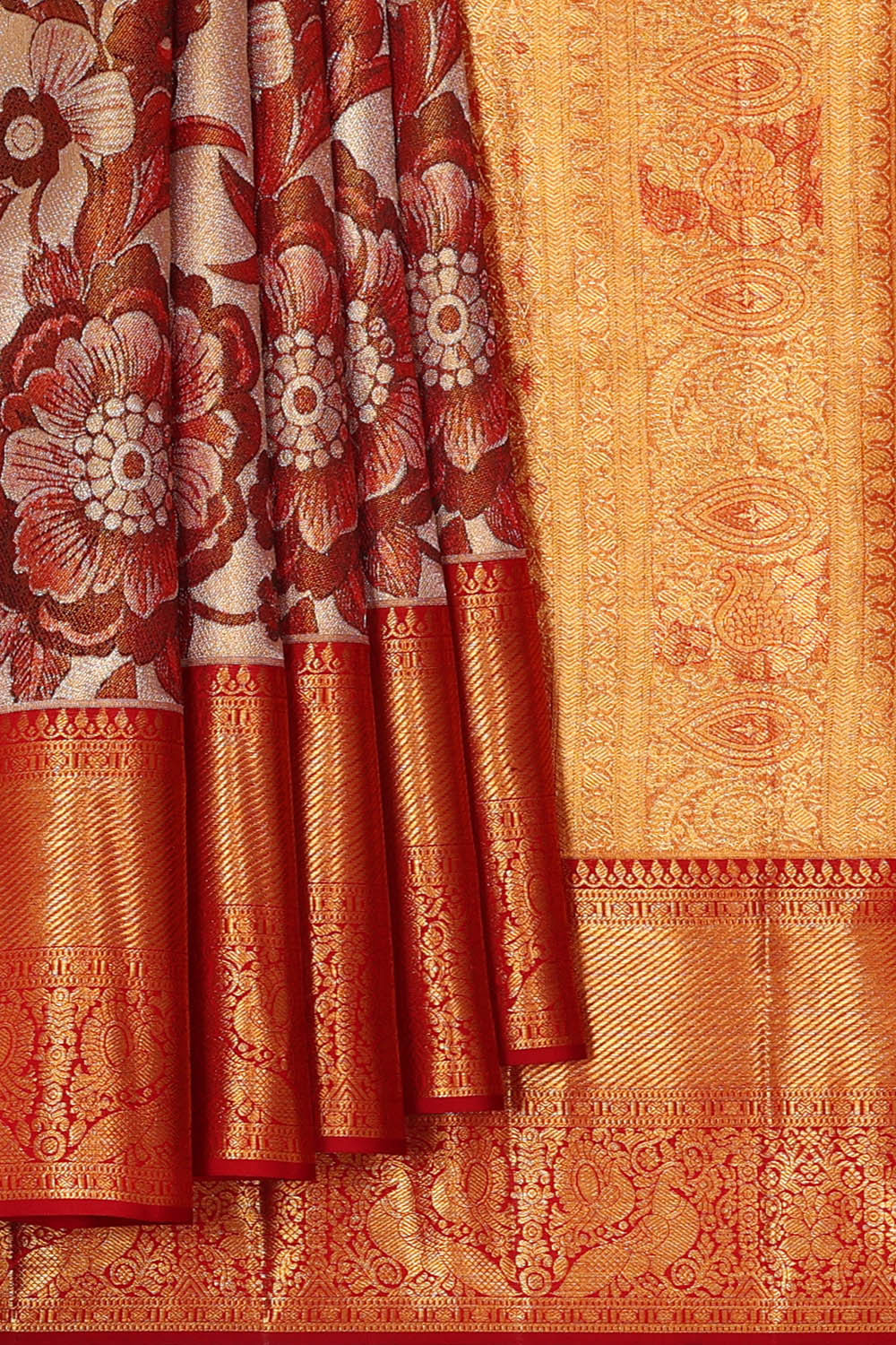 Kanchipattu Golden Red Tissue Brocade Saree