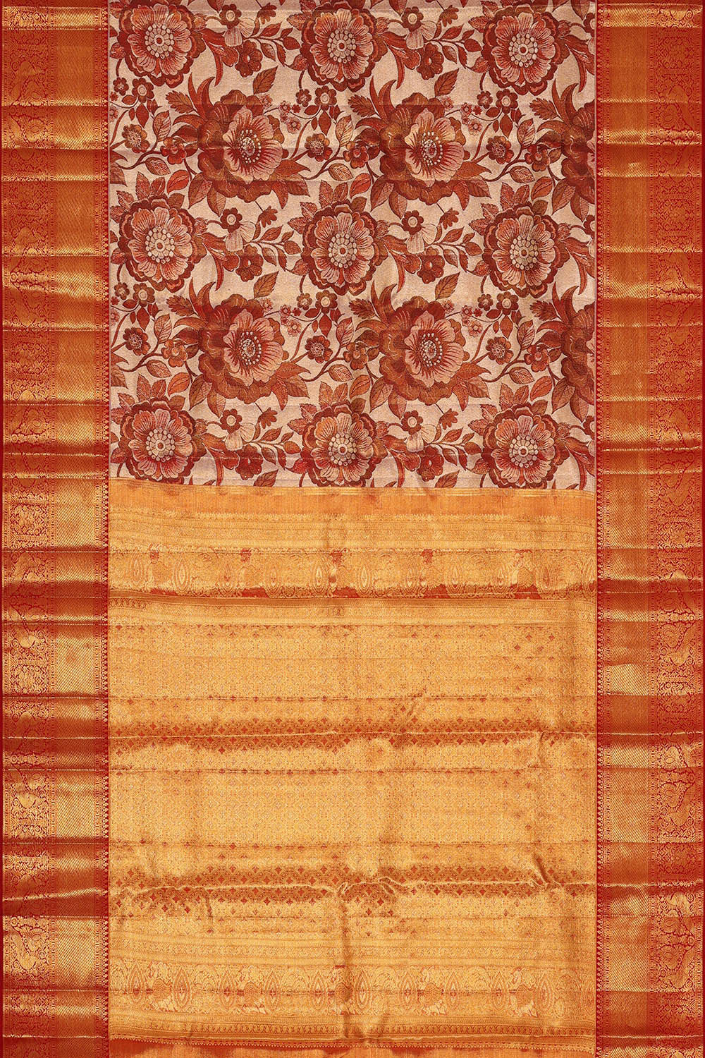 Kanchipattu Golden Red Tissue Brocade Saree