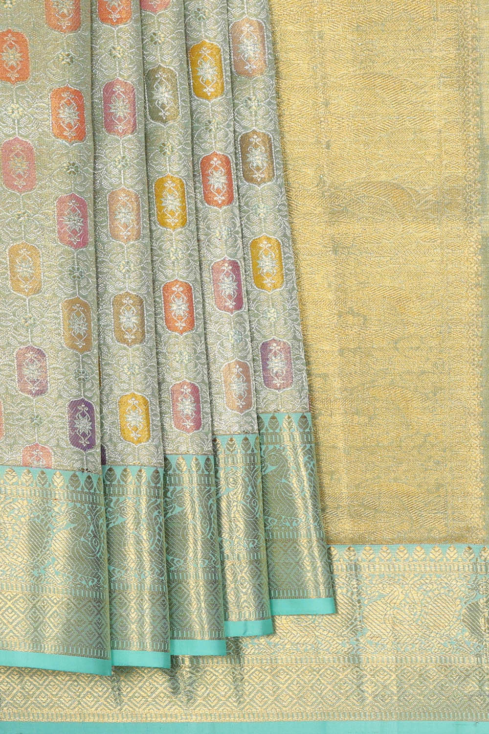 Kanchipattu Golden Blue Tissue Brocade Saree