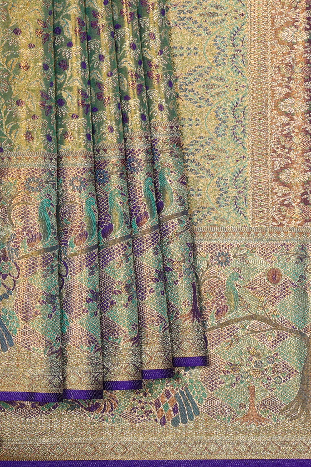 Image of Kanchipattu Golden Sea Green Tissue Brocade Saree