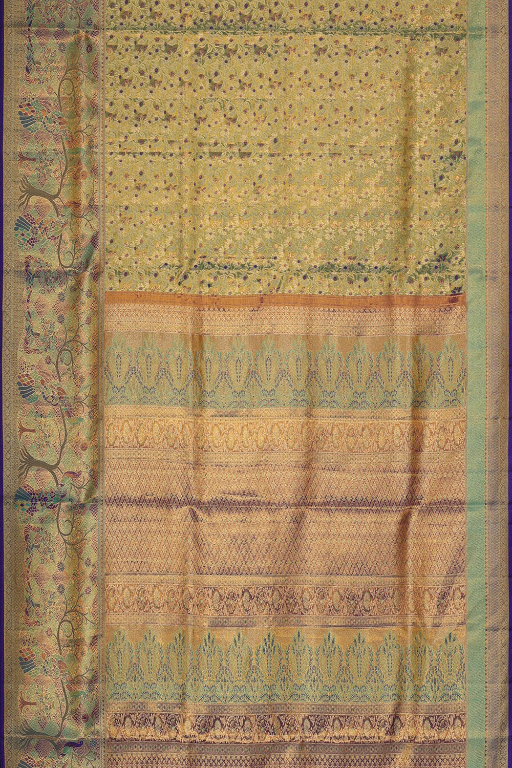 Image of Kanchipattu Golden Sea Green Tissue Brocade Saree