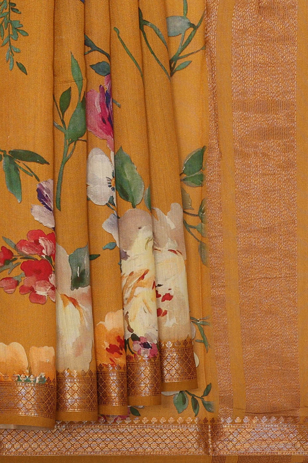 Image of Printed Mustard Yellow Silk Saree
