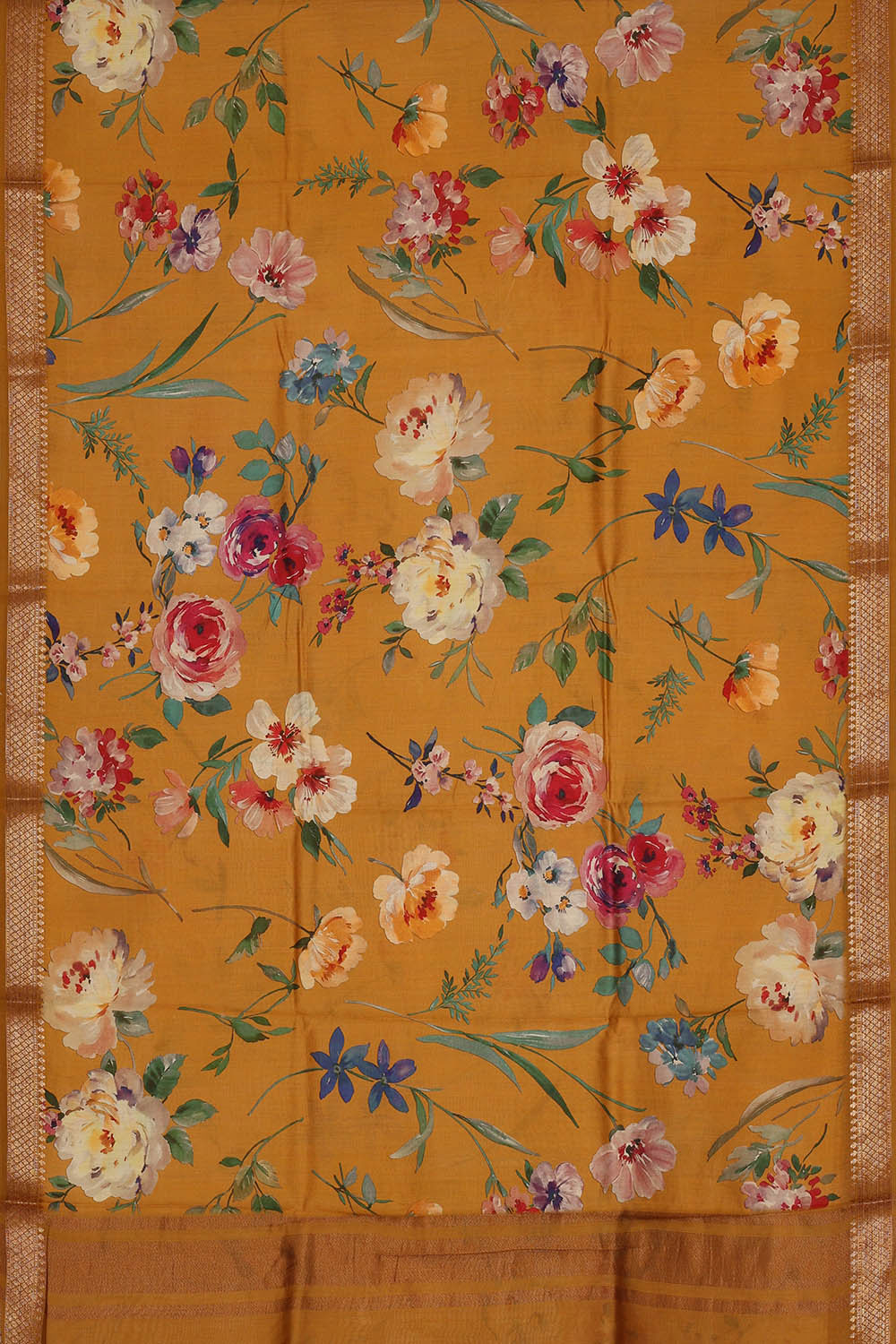 Image of Printed Mustard Yellow Silk Saree