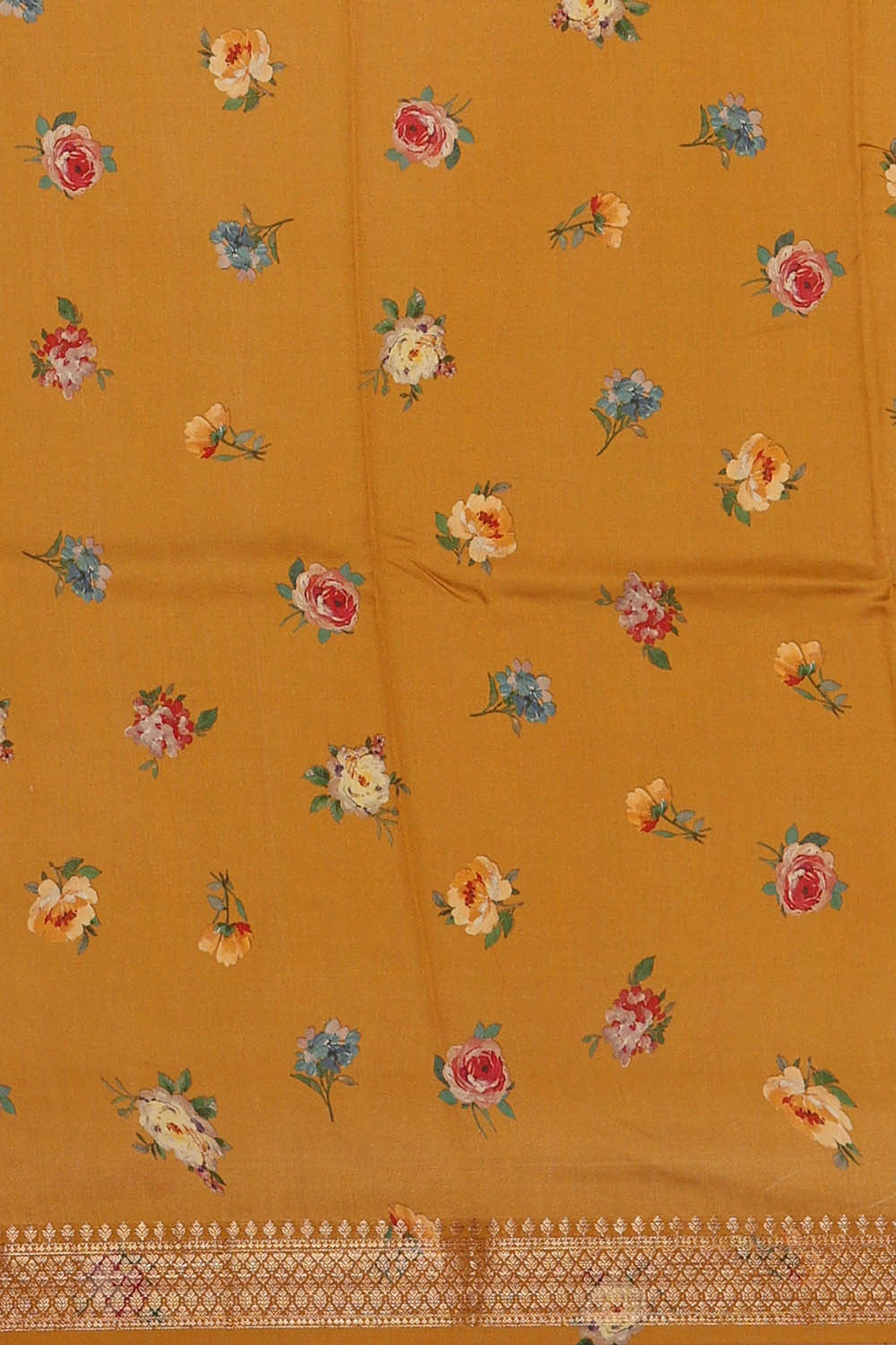 Image of Printed Mustard Yellow Silk Saree