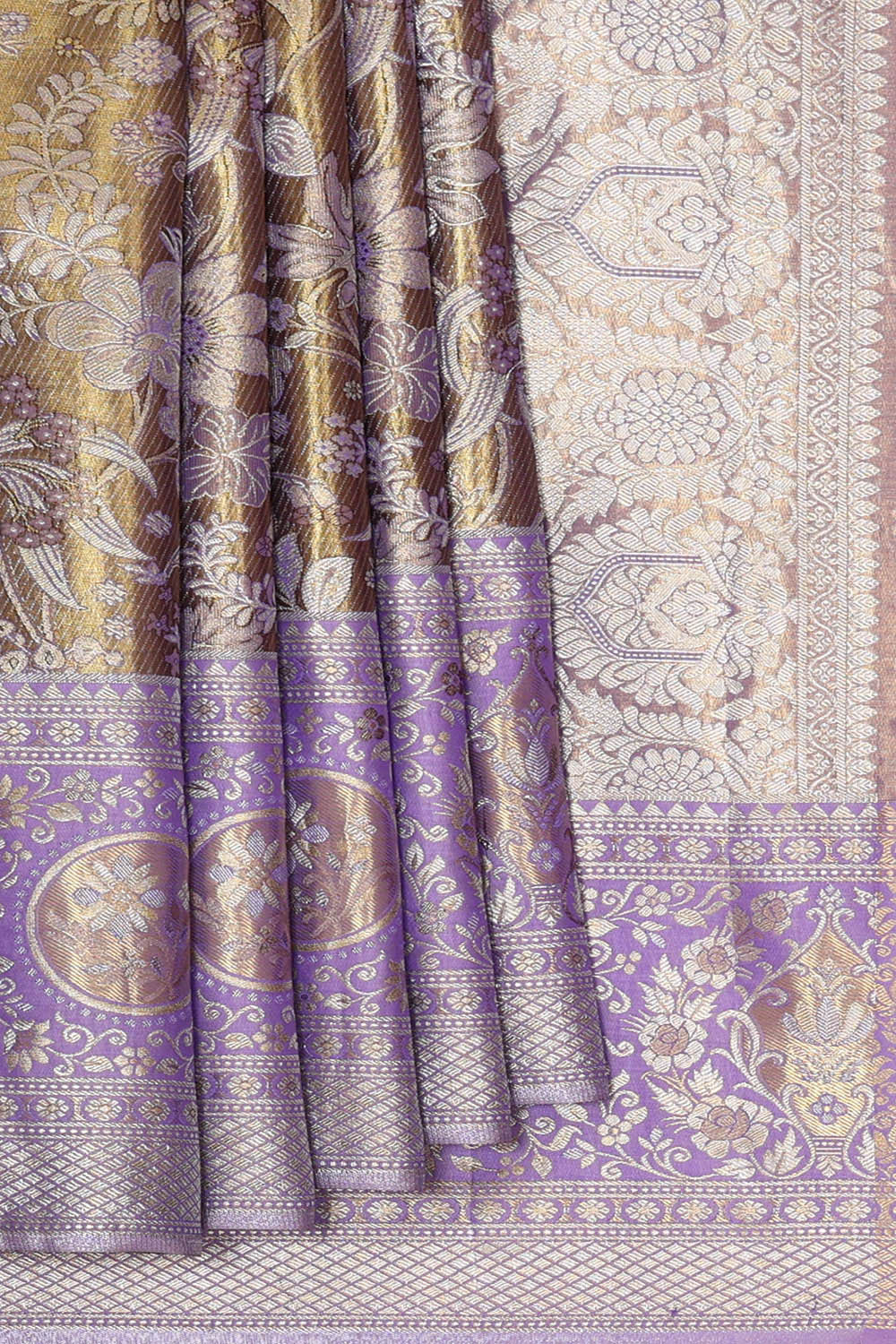 Image of Kanchipattu Mehndi Brown Tissue Brocade Saree