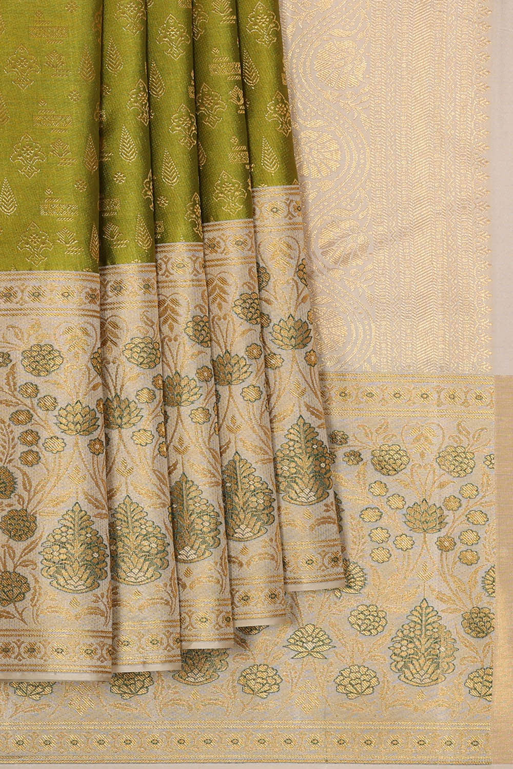 Image of Kanchipattu Golden Green Brocade Saree