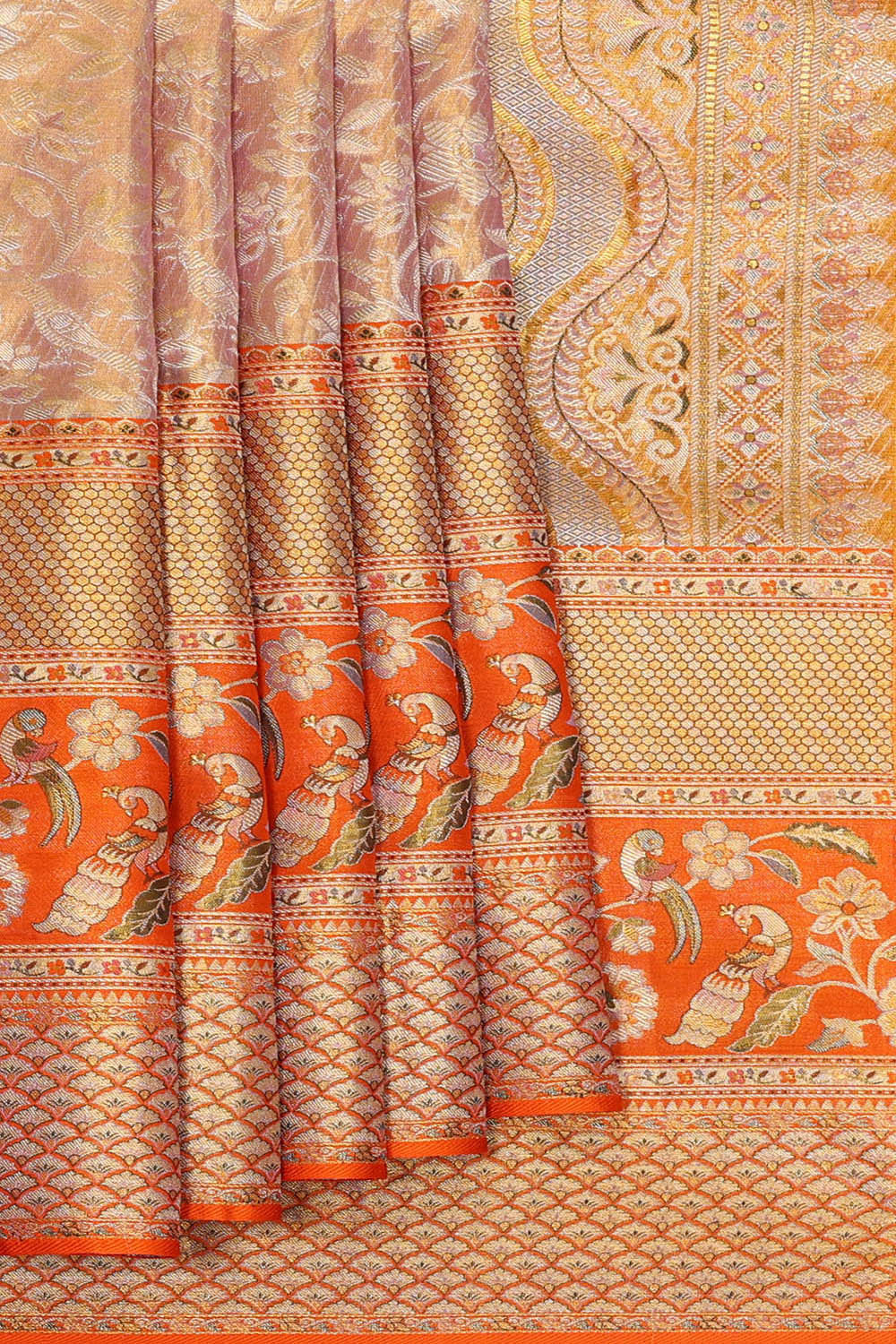 Image of Kanchipattu Golden Pink Brocade Saree