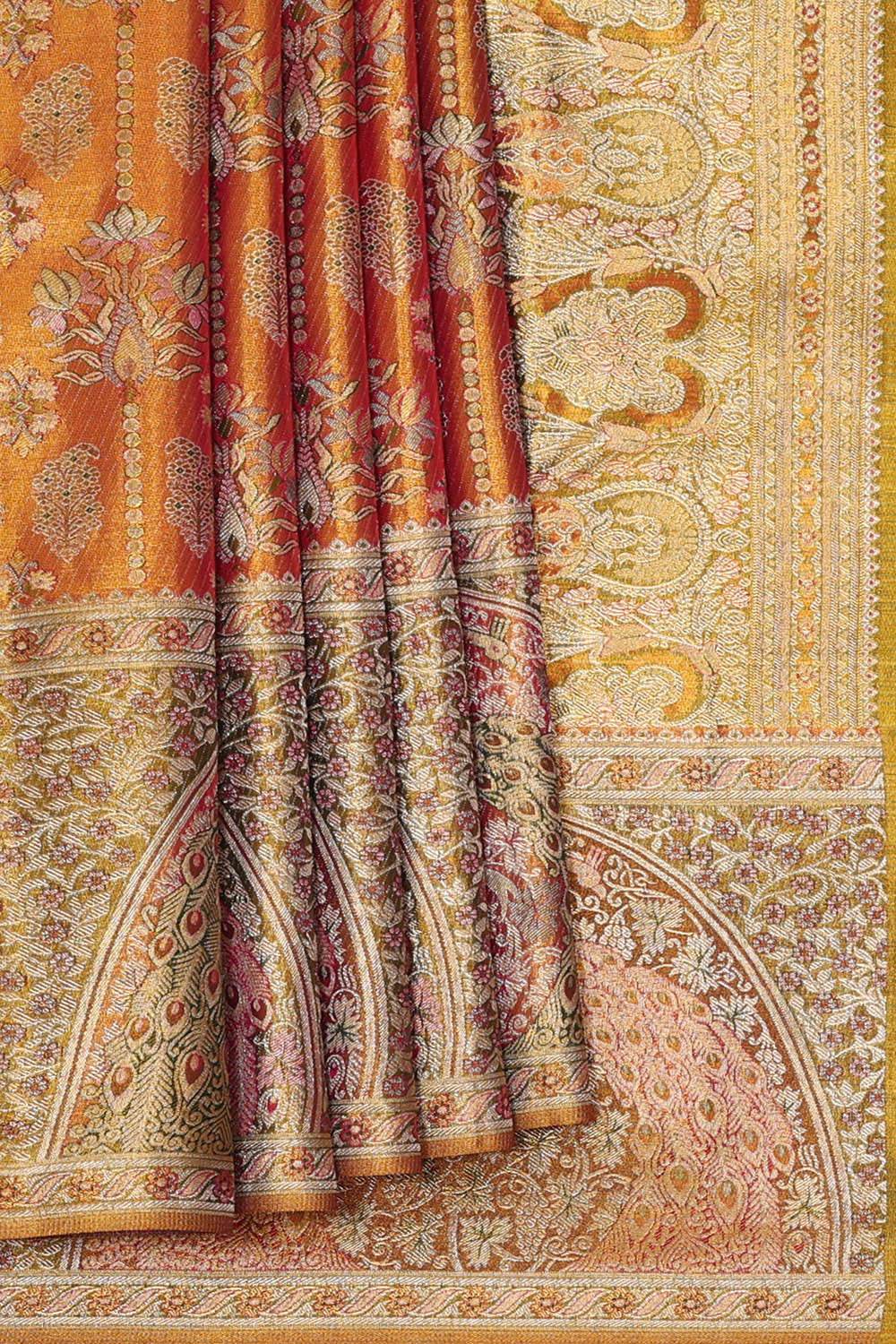 Image of Kanchipattu Golden Orange Brocade Saree