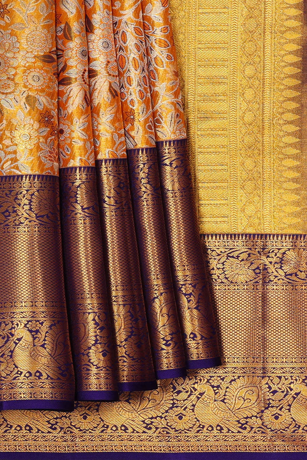 Image of Kanchipattu Golden Orange Tissue Brocade Saree