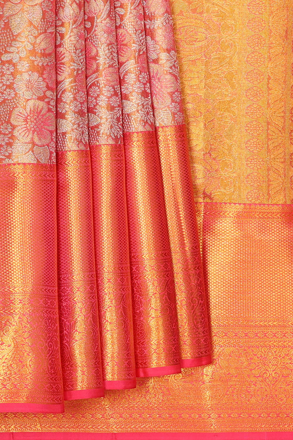 Kanchipattu Peach Pink Tissue Brocade Saree