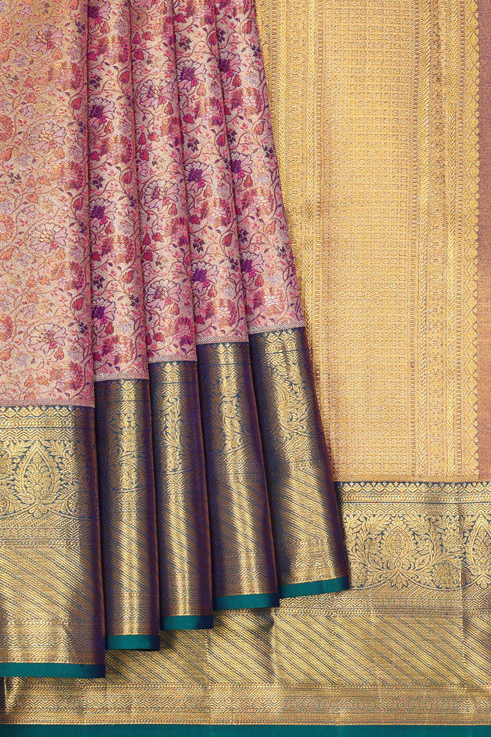 Image of Kanchipattu Golden Pink Tissue Brocade Saree