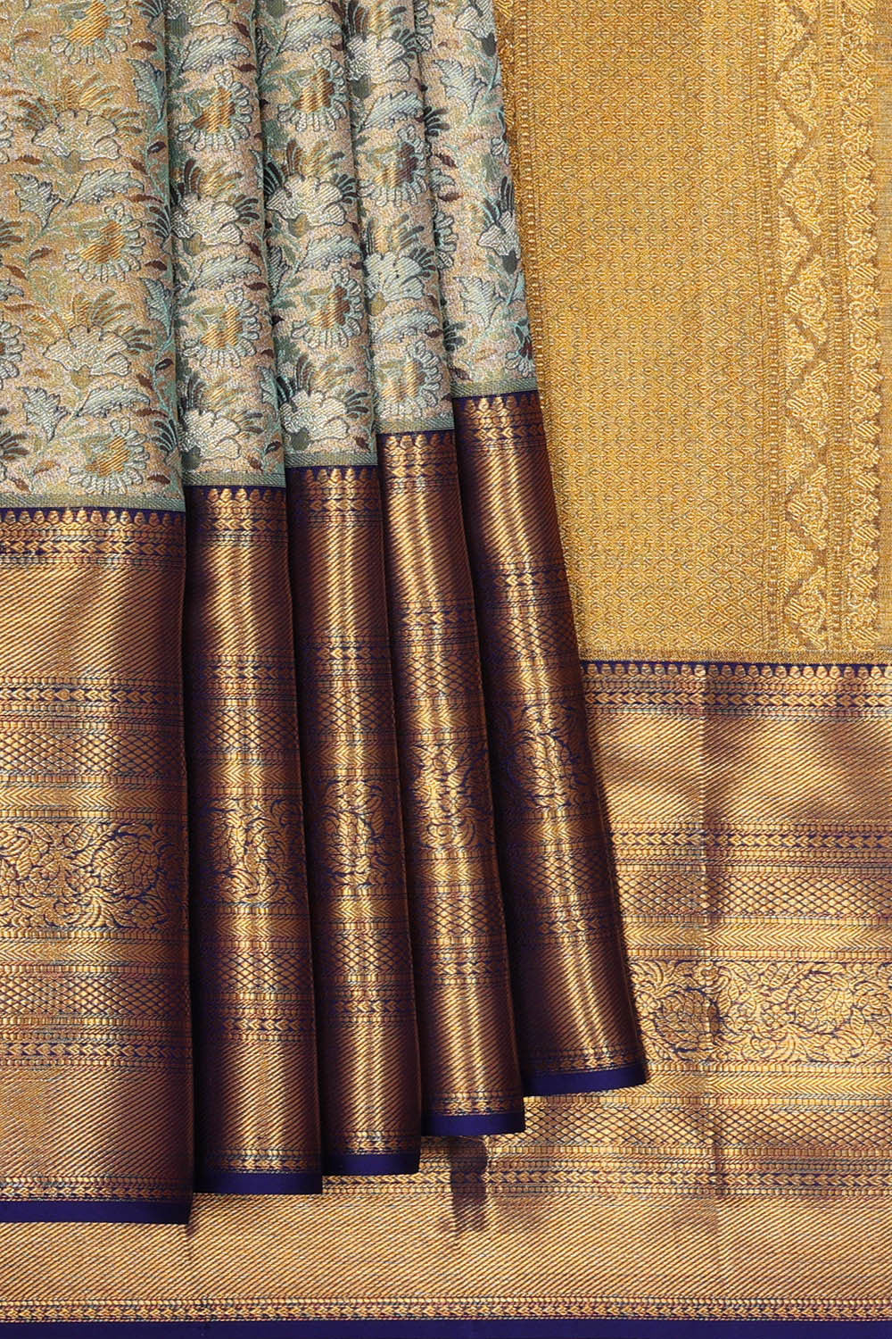 Image of Kanchipattu Golden Blue Tissue Brocade Saree