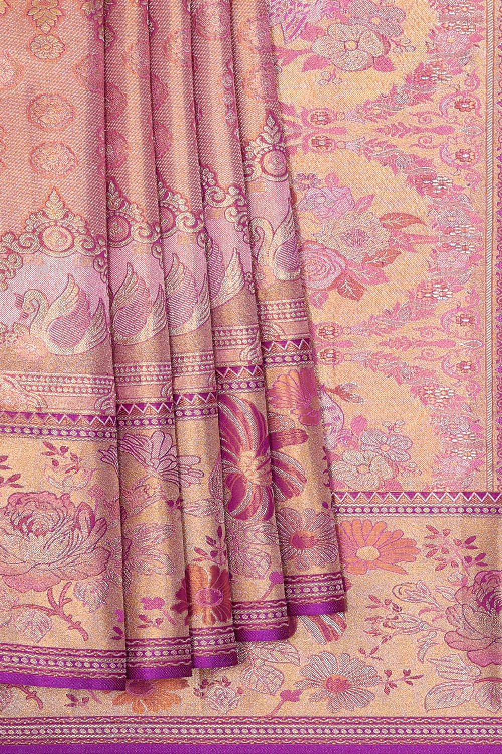 Image of Kanchipattu Golden Pink Tissue Brocade Saree